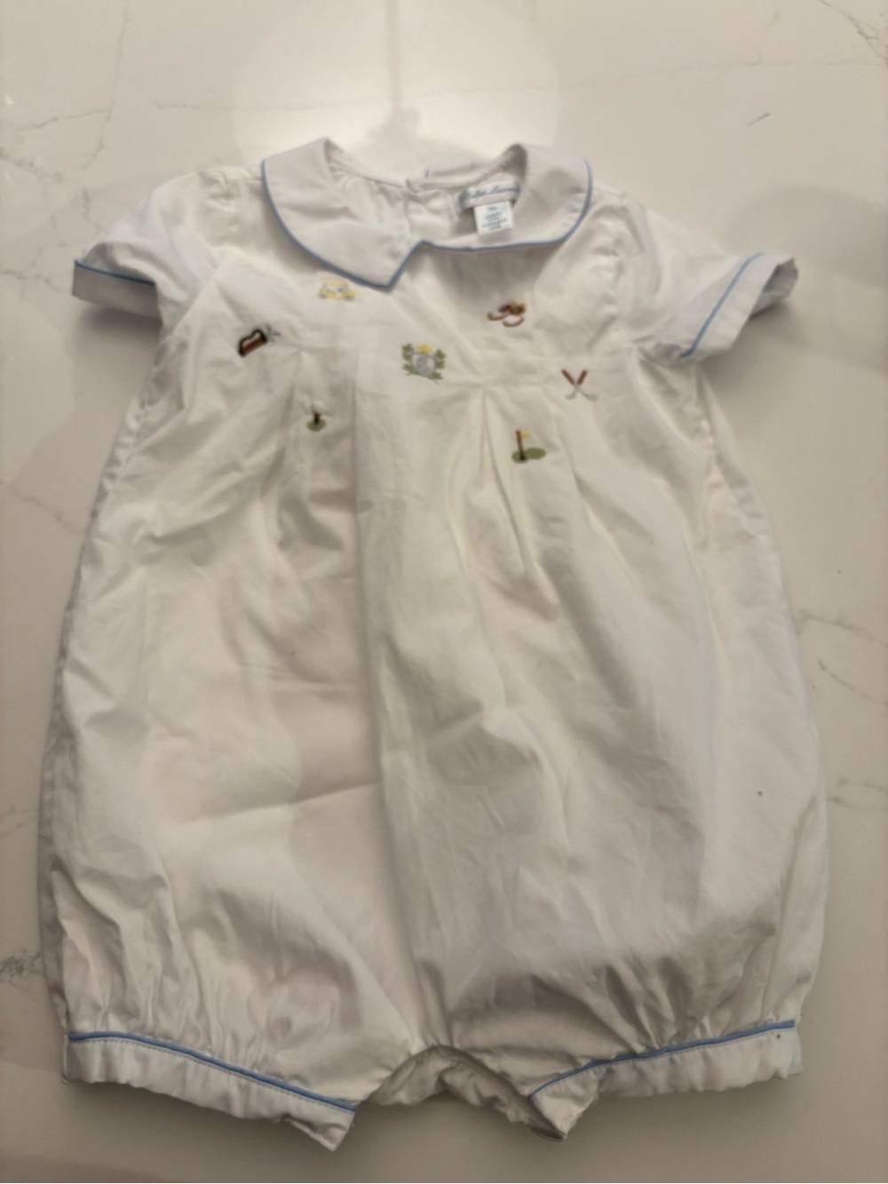 Ralph Lauren White Baby Romper with Light Blue Piping and Embroidered Motifs
